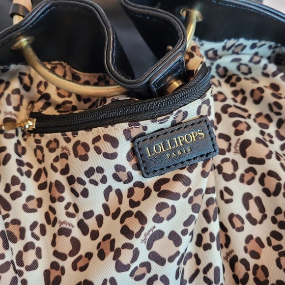 Lollipops Paris Black Bucket Crossbody Bag Cat/Tassel Charm Leopard Lining  9"H - Picture 10 of 12